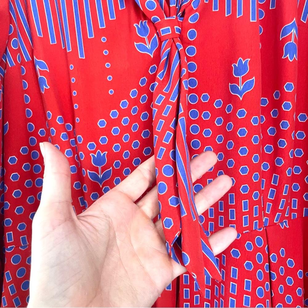 ModCloth Red and Lavender Long Sleeve Tie-Neck Dress - Picture 6 of 13